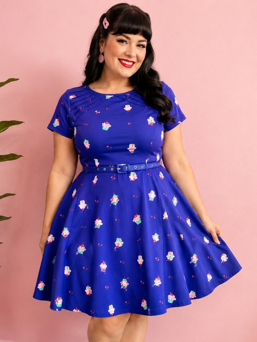 Unique Vintage Cupcake Cherry Dress L 10-12 Retro 50s Pinup Twee W/ Belt J33